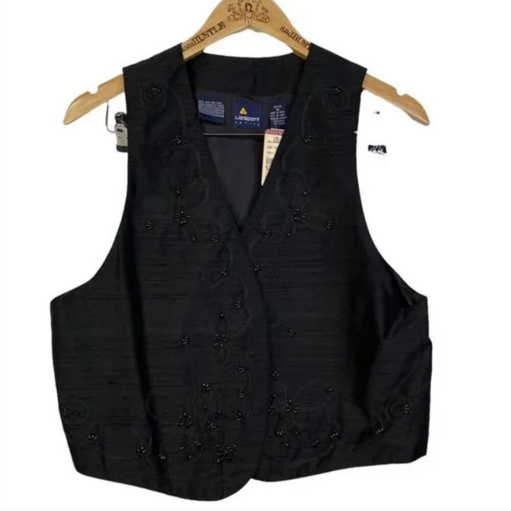 NWT Vintage 100% Silk Liz Sport Black Beaded Vest